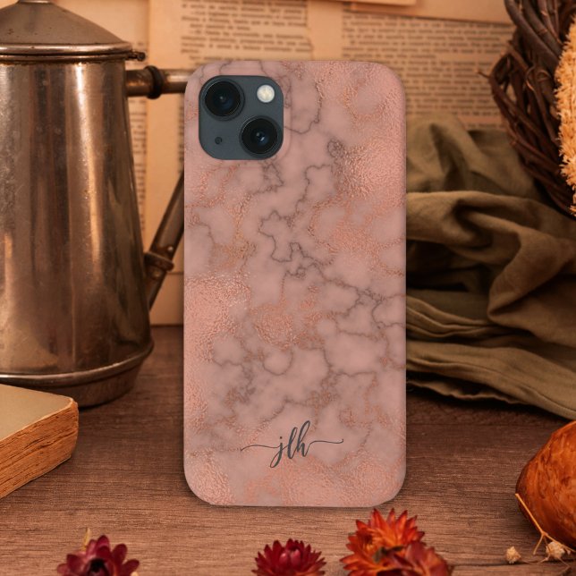 Coques Case-Mate iPhone Marbre et métal Rose féminin avec Monogramme (Modern styling in this feminine iPhone case to personalize with your monogram initials.)