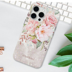 Coque iPhone 15 Pro Max Marbre floral de rose et de pivoine élégant Monogr