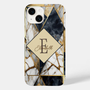 Coque Pour iPhone 14 Marbre géométrique à monogramme noir doré tendance