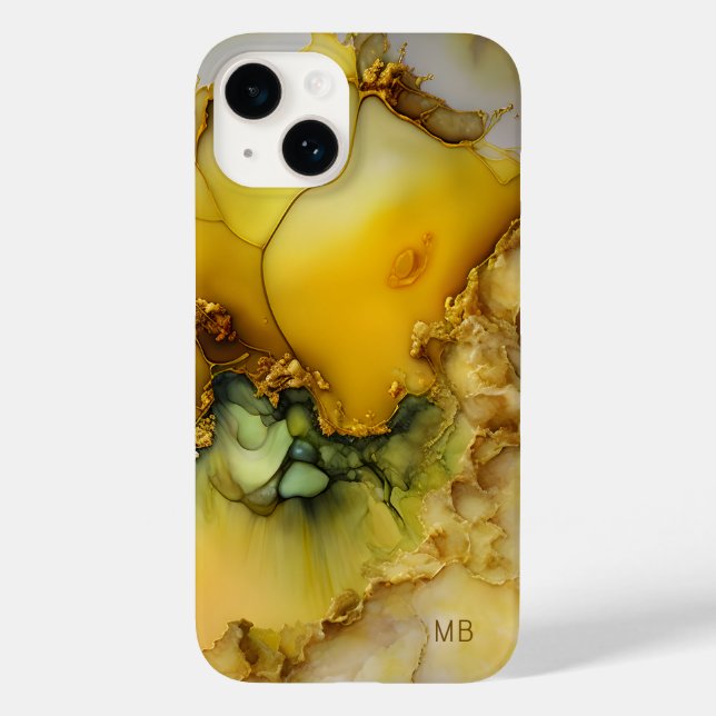 Coques Case-Mate iPhone Marbre Jaune Vert Moderne Monogramme Personnalisé (Verso)