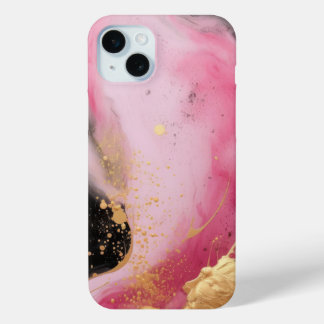 Coque iPhone 15 Mini Marbre moderne abstrait encre rose or et noir