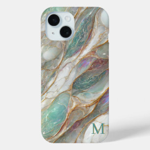 Coque Pour iPhone 15 Marbre Monogramme Perle Mère Veines D'or Luxe