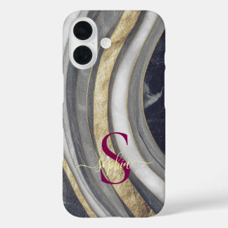 Coque Pour iPhone 16 marbre noir et blanc monogramme paillettes dorées