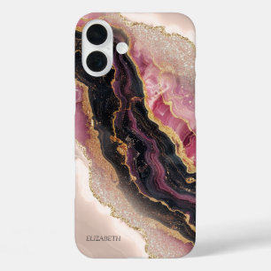 Coques iPhone 16 Plus Marbre noir et bordeaux pailleté or élégant et sty