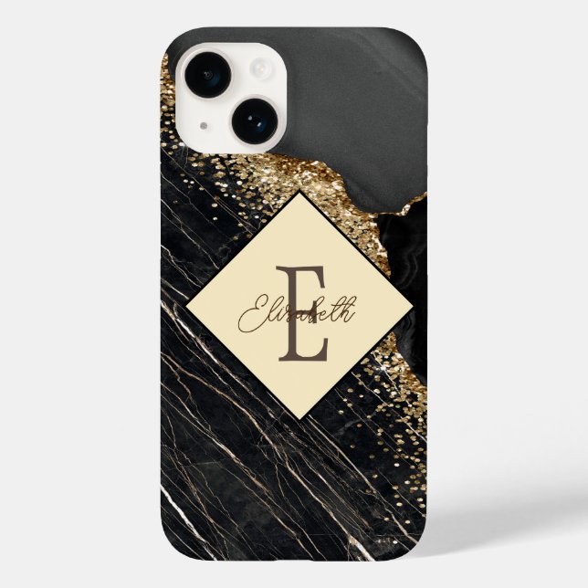 Coques Case-Mate iPhone Marbre noir tendance, sequins dorés monogramme  (Verso)