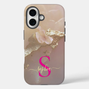 Coque Pour iPhone 16 Marbre or rose gold glitter monogramme
