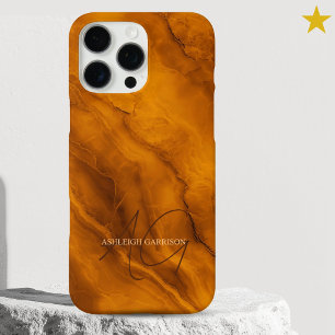 Coques iPhone 16 Pro Max Marbre Orange Élégant Monogramme Nom Personnalisé