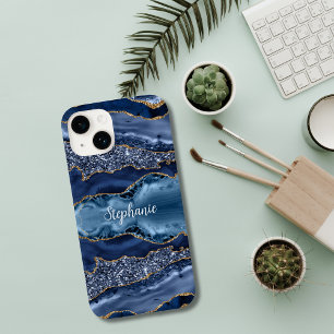 Coque Pour iPhone 14 Marbre pailleté à l'agate bleue et or monogrammé