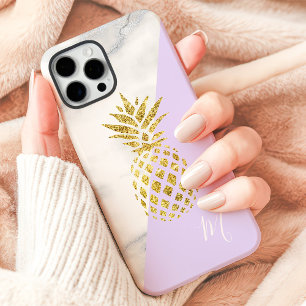 Coques iPhone 16 Pro Max Marbre Pastel Violet Monogramme Ananas Doré