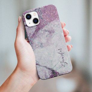 Coque iPhone 15 Pro Max Marbre pourpre et Parties scintillant Texture impr