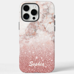 iPhone 16 Pro Max Case Marbre rose de blanc de parties scintillantes d'or