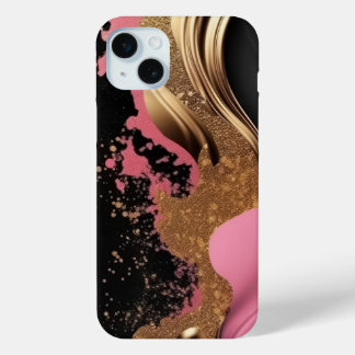 Coque iPhone 15 Mini Marbre rose liquide abstrait moderne or et noir