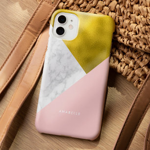 Coque iPhone 15 Pro Max Marbre rose Motif et Faux Gold Foil