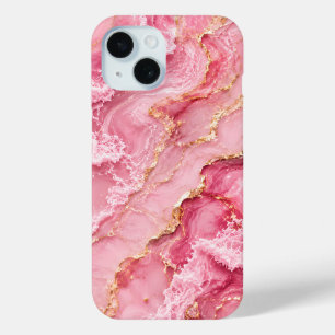 Coque Pour iPhone 15 Marbre Rose Océan Luxueux avec Veines Dorées
