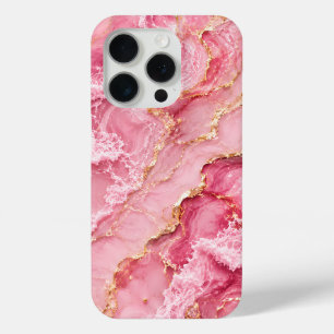 Coque iPhone 15 Pro Marbre Rose Océan Luxueux avec Veines Dorées