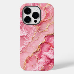Coque Pour iPhone 14 Pro Marbre Rose Océan Luxueux avec Veines Dorées