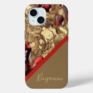 Coque Pour iPhone 15 marbre rouge beige chic cool doré