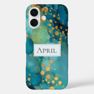 Coque Pour iPhone 16 Marbre sarcelle, turquoise et or