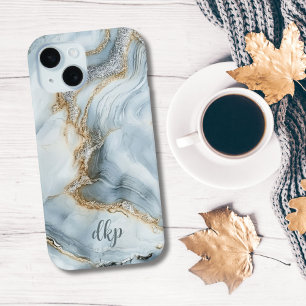 Coque Pour iPhone 15 Marbre Tourbillon Bleu Blanc Argent Or Monogramme