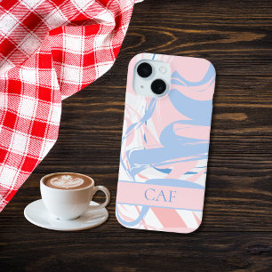 Coque Pour iPhone 15 Marbre tourbillonnant bleu blanc rose Monogram
