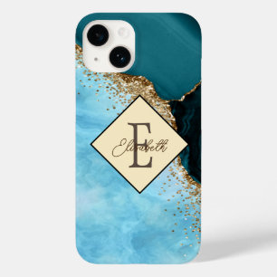 Coque Pour iPhone 14 Marbre Turquoise Pailleté Or Élégant Monogramme 