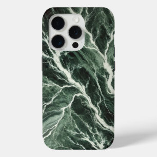 Coque iPhone 15 Pro Marbre vert de la forêt avec des veines blanches