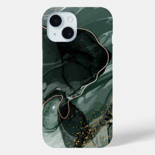 Coque Pour iPhone 15 Marbre vert émeraude et or, Arrière - plan marbré