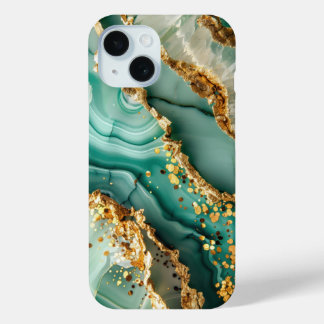 Coque Pour iPhone 15 Marbre vert et or élégant