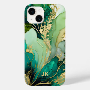 Coque Pour iPhone 14 Marbre Vert Moderne Or Monogramme Personnalisé