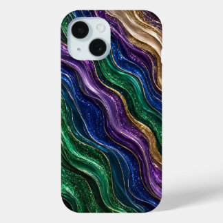 Coque Pour iPhone 15 Mardi Gras Émeraude et Violet Fluide Marbre Or Li