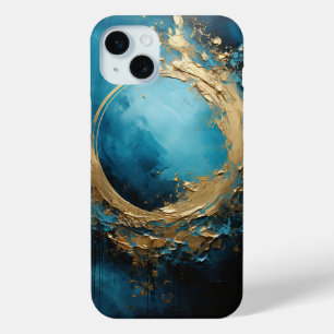 Coque iPhone 15 Mini Marées sombres Océanique Abstraite Bleu & Or