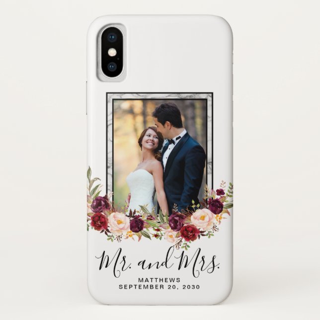 Coques Case-Mate iPhone Mariage Photo Keepsaké Marbre Floral Bourgogne (Dos)