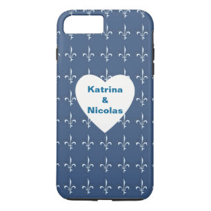 Coque iPhone 7 Plus Marine Bleu Ancres Blancs Motif de coeur Monogramm