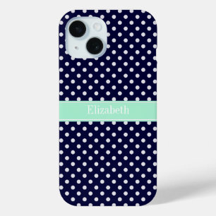 Coque Pour iPhone 15 Marine Bleu Blanc Pois Nom de la monnaie Monogramm