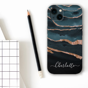 Case-Mate iPhone Case Marine Bleu & Cuivre Élégant Script Nom Abstrait