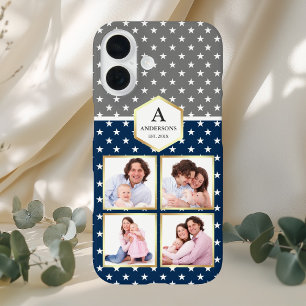Coque Pour iPhone 16 Marine Bleu et Blancs Étoiles Motif Photo Collage