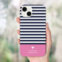 Marine Bleu et rose Chic rayures Coeur Monogramme