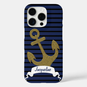 Coques iPhone 16 Pro Marine Blue Black Stripes Gold Ancre Nom du ruban