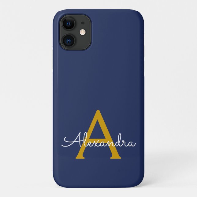 Coques Case-Mate iPhone Marine Blue Gold Girl Script Monogramme Nom Modern (Dos)