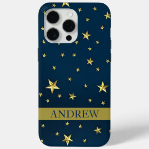 Coque iPhone 15 Pro Max Marine Blue Gold Stars Nom personnalisé