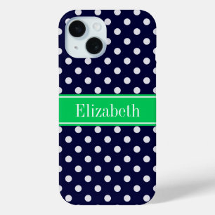 Coque Pour iPhone 15 Marine Blue Wt Polka Dot Emerald Nom vert Monogram