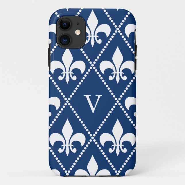 Coques Case-Mate iPhone Marine Fleur de Lis avec monogramme (Dos)