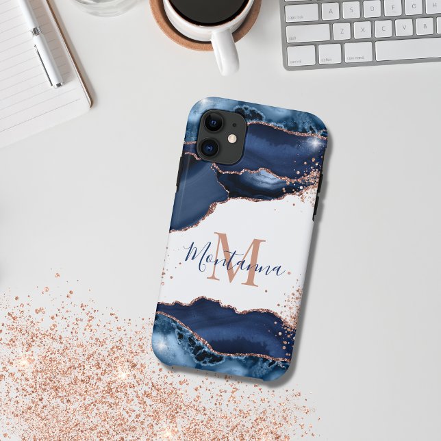 Coques Case-Mate iPhone Marine Rose Gold Marbre Agate Personnalisé (navy agate phone case)