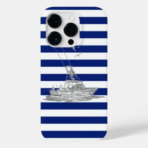 Coque Pour iPhone 14 Pro Marlin Fishing Chrome on Blue Stripes