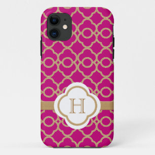 Coque iPhone 11 Marocain rose fuchsia décoré d'un monogramme d'or