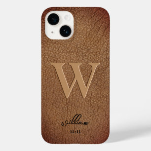 Coque Pour iPhone 14 Marque Marron Cuir Rustique écriture élégante nom
