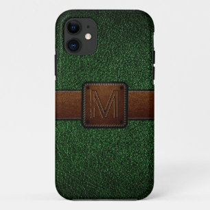 Coque iPhone 11 Marque marron foncé en cuir vert