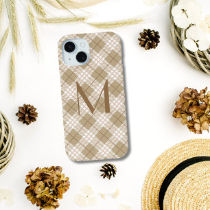 Coque Pour iPhone 15 Marron Brun Beige Tartan Buffalo Carreaux Monogram