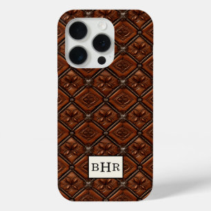 Coque iPhone 15 Pro Marron Cuir Diamant Monogrammé