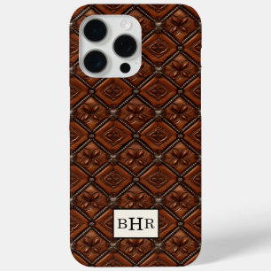 Coque iPhone 15 Pro Max Marron Cuir Diamant Monogrammé